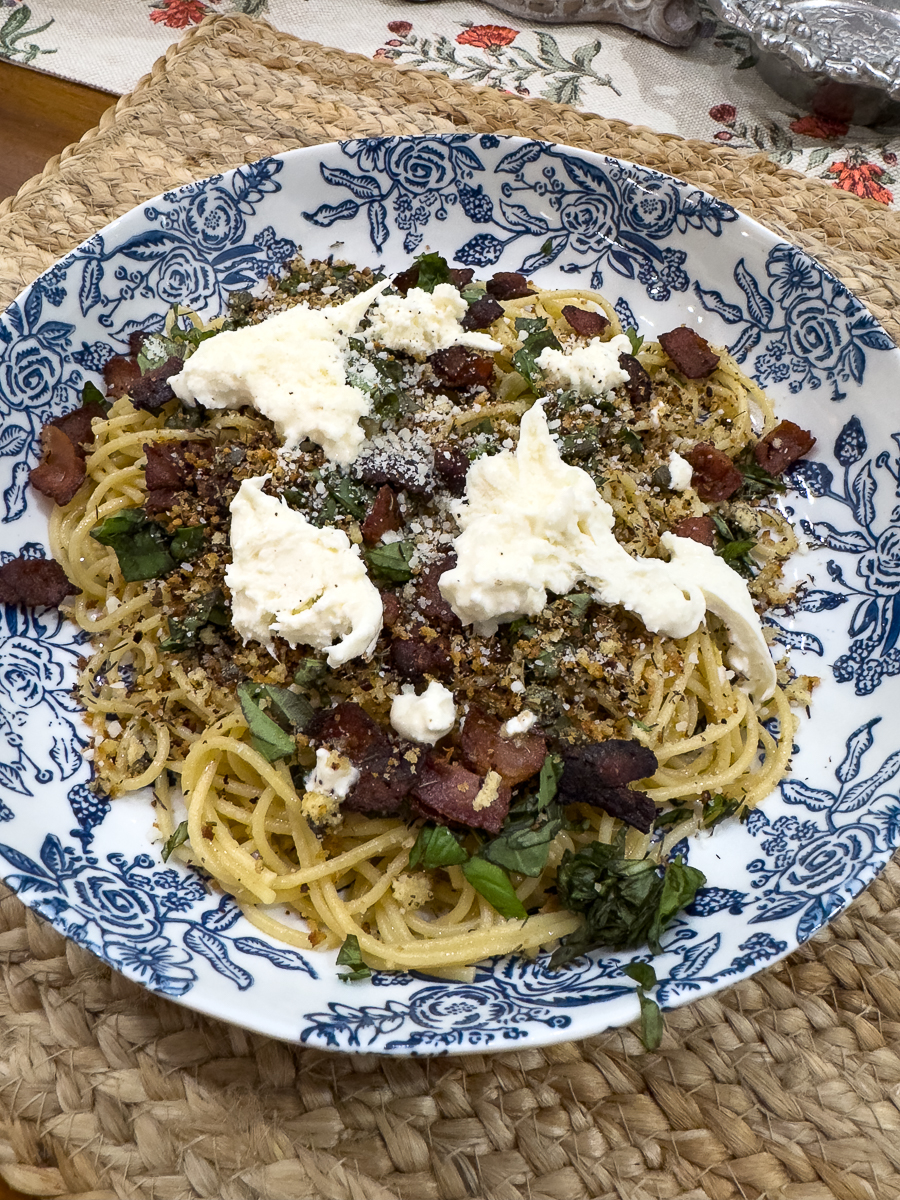 pasta on a blue and white plate