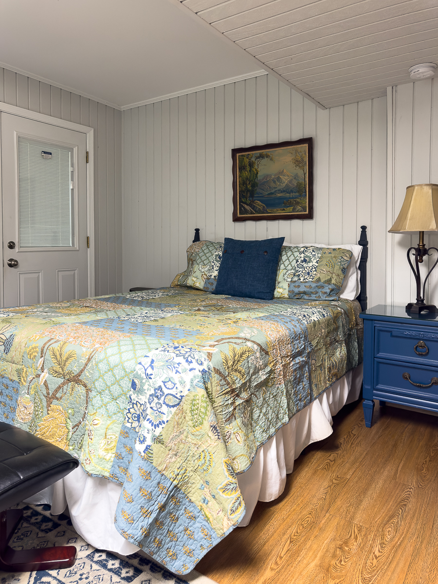 bedroom with wall art